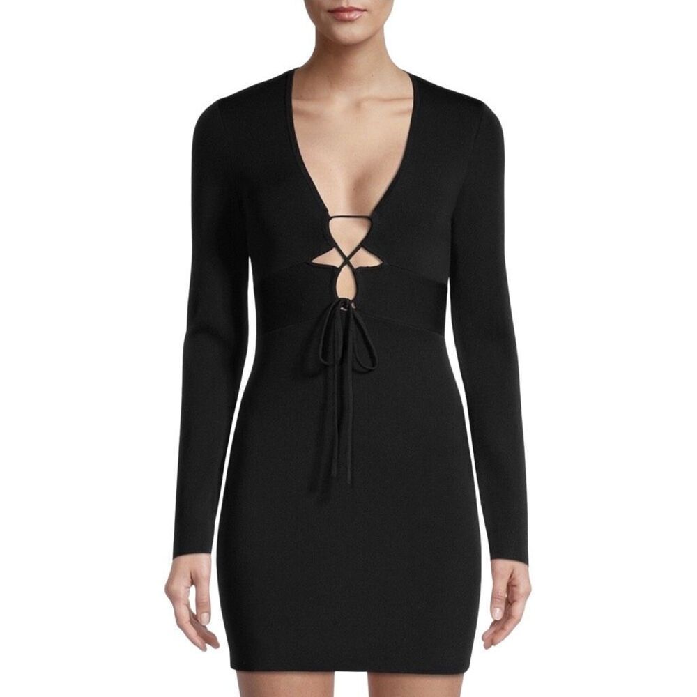 Significant Other Monica Black Knit Tie Front Long Sleeve Mini Dress 6 Revolve
